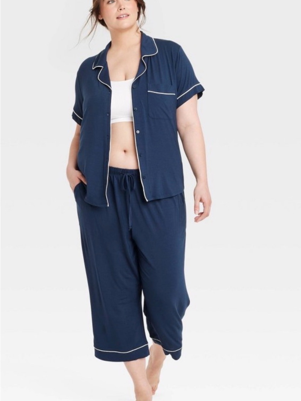 Auden Navy Short-Sleeve Notch Collar Top & Capri Pajama Set - Picture 2 of 6